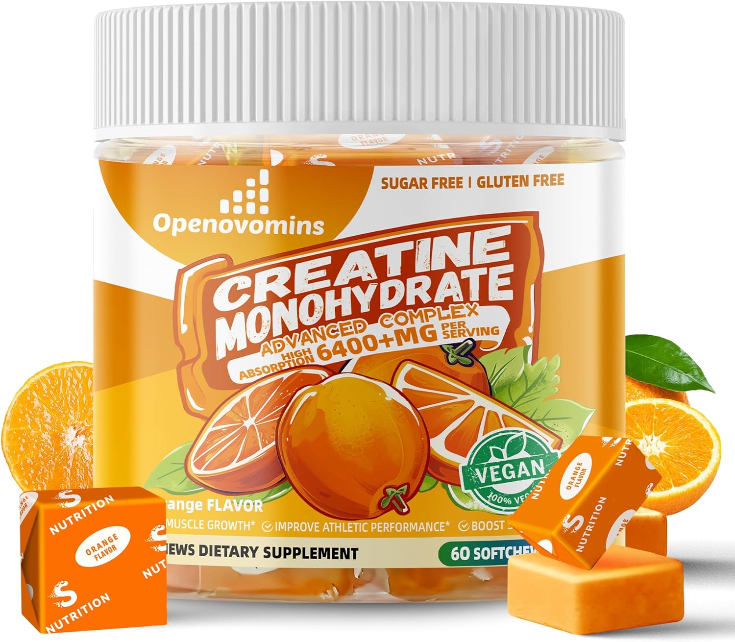 Advanced Creatine Monohydrate Soft Chews with L-Taurine and Vitamin B12 for Men & Women - 6400mg Complex, Sugar-Free Orange Supplement