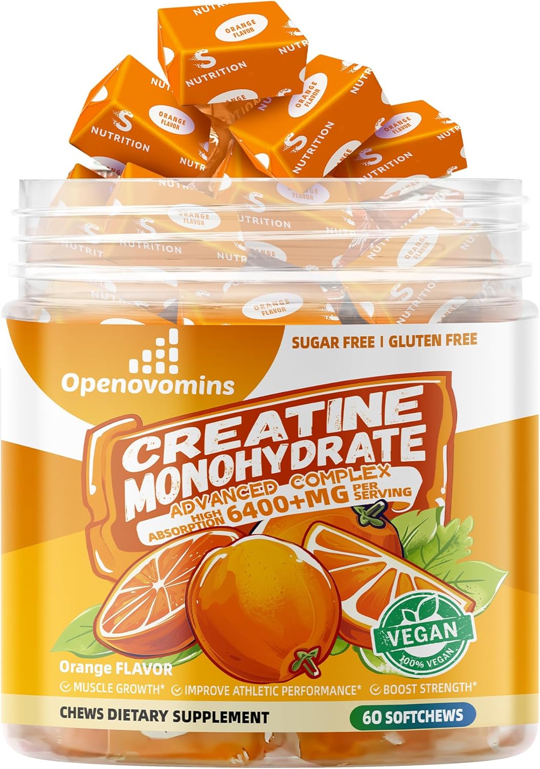 Advanced Creatine Monohydrate Soft Chews with L-Taurine and Vitamin B12 for Men & Women - 6400mg Complex, Sugar-Free Orange Supplement