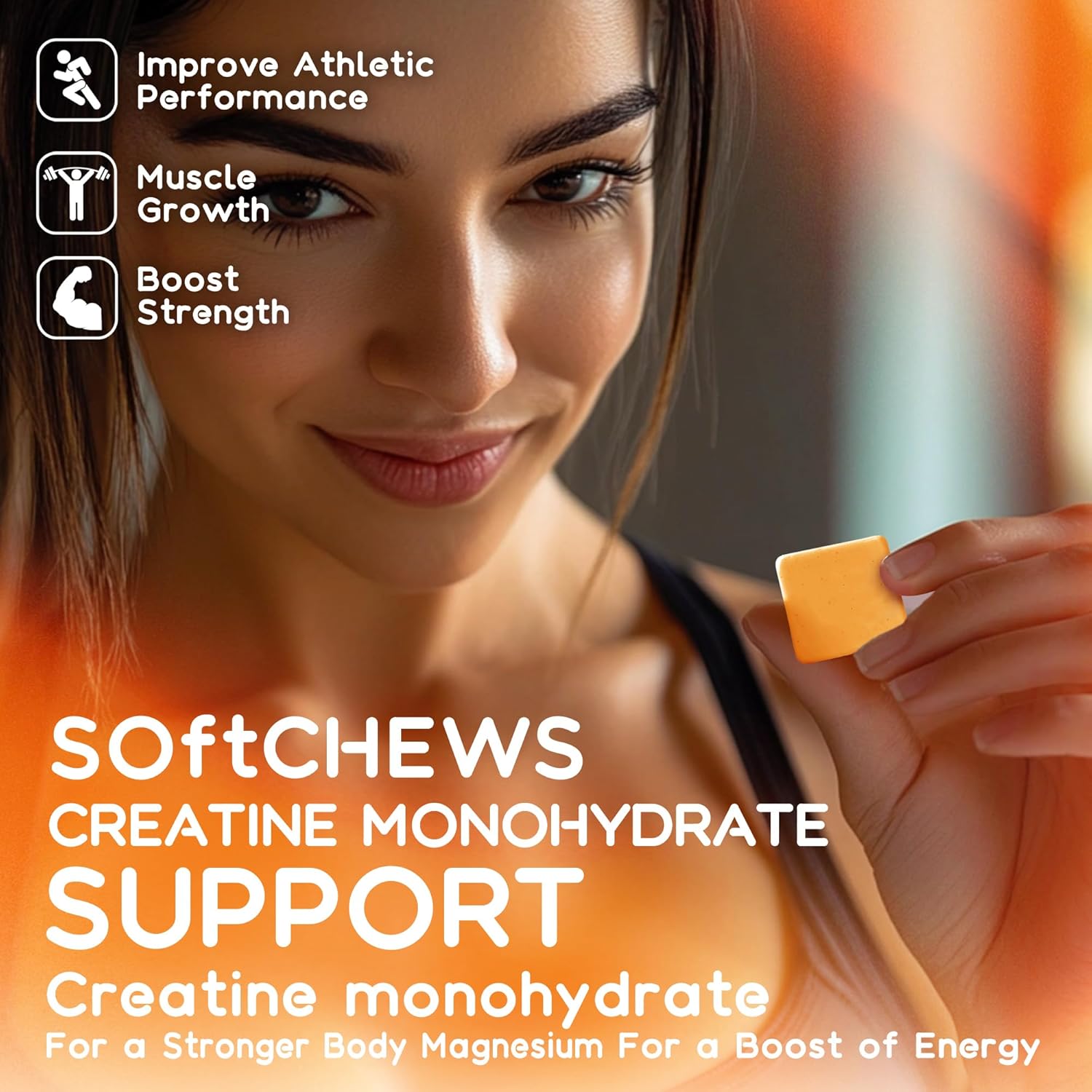 Advanced Creatine Monohydrate Soft Chews with L-Taurine and Vitamin B12 for Men & Women - 6400mg Complex, Sugar-Free Orange Supplement