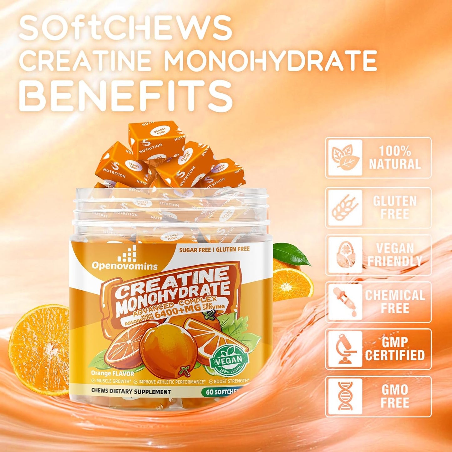 Advanced Creatine Monohydrate Soft Chews with L-Taurine and Vitamin B12 for Men & Women - 6400mg Complex, Sugar-Free Orange Supplement