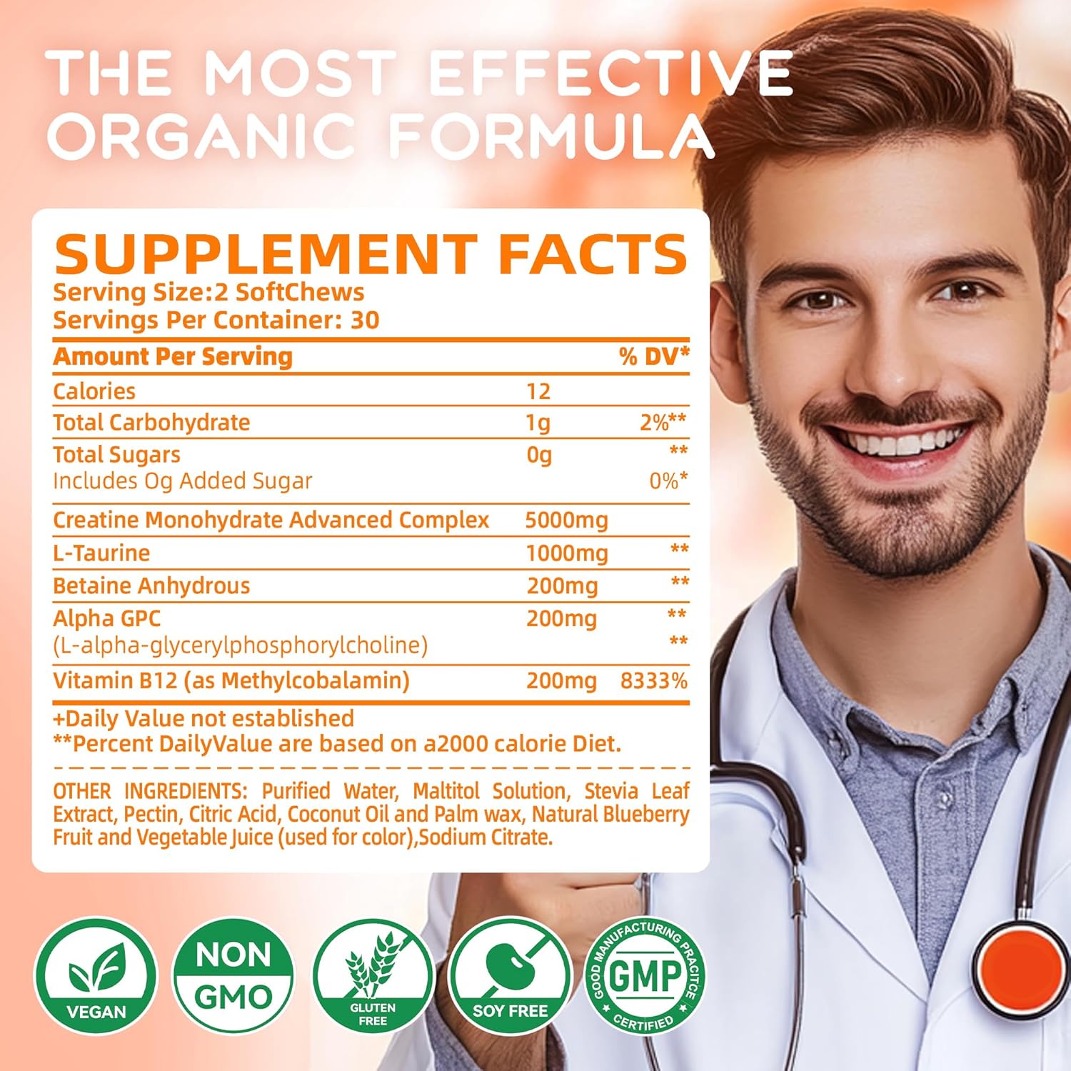 Advanced Creatine Monohydrate Soft Chews with L-Taurine and Vitamin B12 for Men & Women - 6400mg Complex, Sugar-Free Orange Supplement