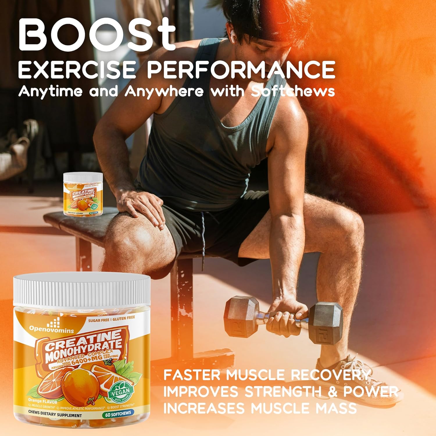 Advanced Creatine Monohydrate Soft Chews with L-Taurine and Vitamin B12 for Men & Women - 6400mg Complex, Sugar-Free Orange Supplement