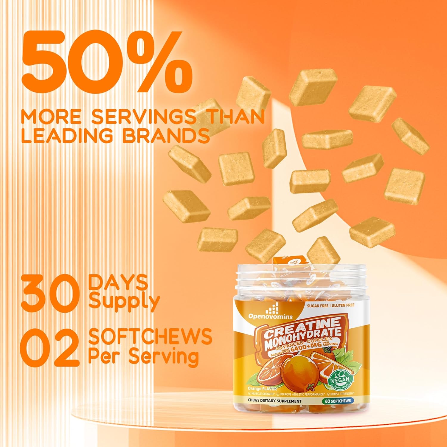 Advanced Creatine Monohydrate Soft Chews with L-Taurine and Vitamin B12 for Men & Women - 6400mg Complex, Sugar-Free Orange Supplement