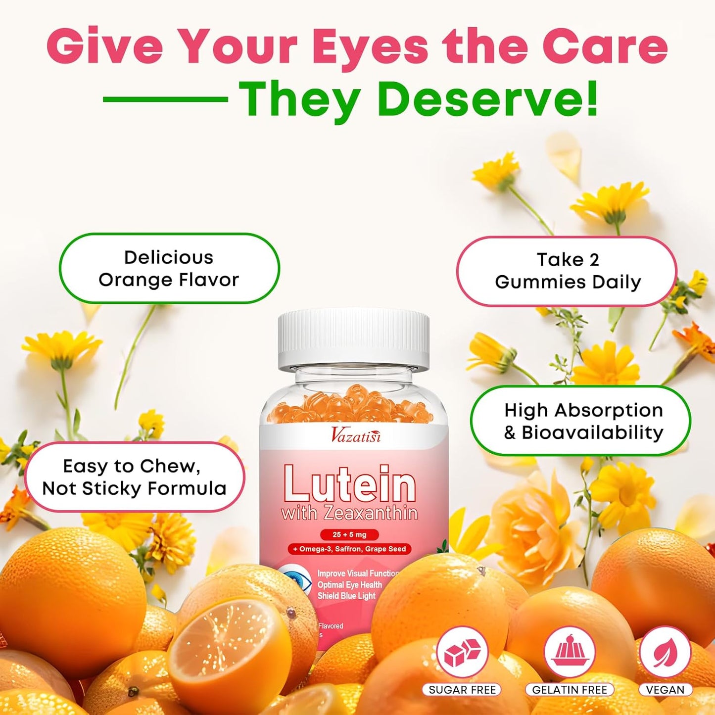 Advanced Eye Vitamin Supplement Gummies with Lutein, Zeaxanthin, Bilberry, Saffron, Grape Seed, Omega 3 - Orange Flavor, 120 Count