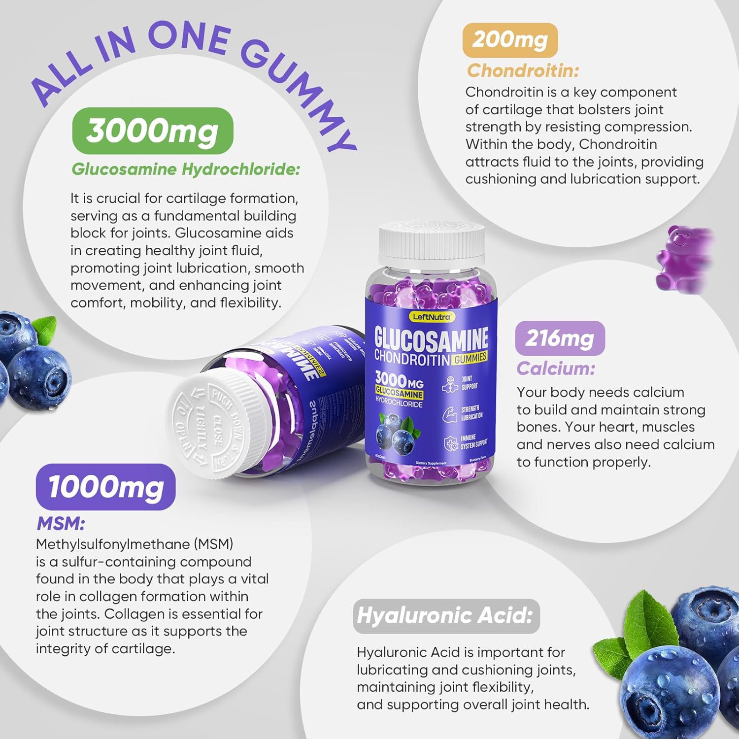 Advanced Glucosamine Chondroitin Gummies 3000mg for Joint Support, Antioxidant Immune Boost, Blueberry Flavor - Bone & Joint Flexibility, Strength, Mobility