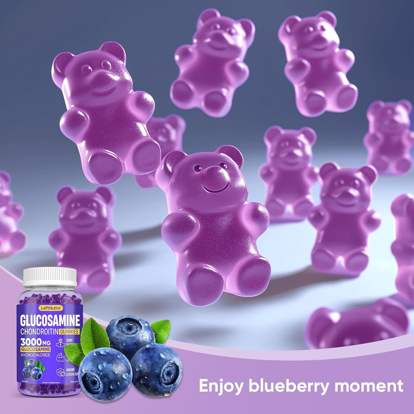 Advanced Glucosamine Chondroitin Gummies 3000mg for Joint Support, Antioxidant Immune Boost, Blueberry Flavor - Bone & Joint Flexibility, Strength, Mobility