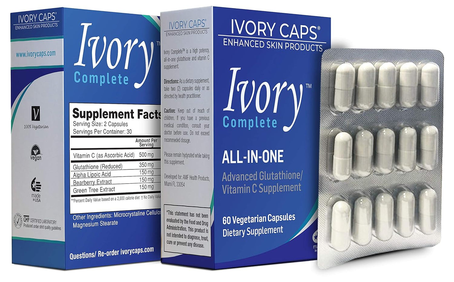 Advanced Glutathione/Vitamin C Supplement with Alpha Lipoic Acid, Bearberry Extract, and Green Tea Extract - Ivory Caps Ivory Complete