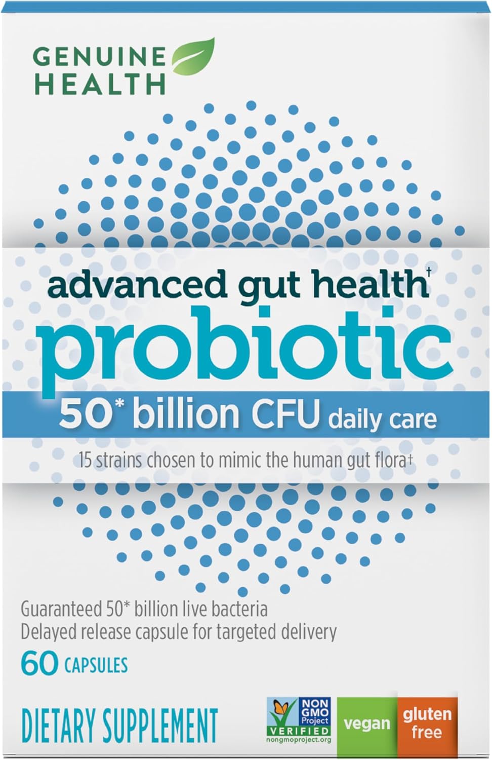 Advanced Gut Health Probiotic Capsules - 50 Billion CFU, 15 Diverse Strains, Soy Free, Gluten Free, Vegan (60 Count)