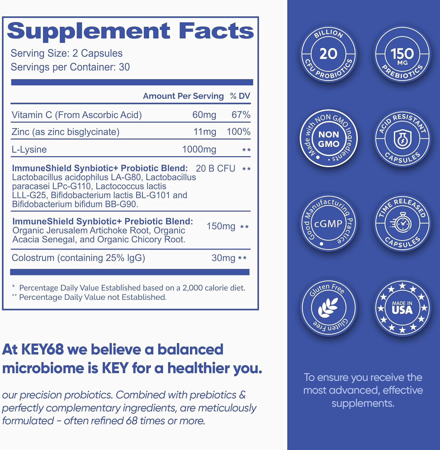 Advanced Gut & Immune Support Supplement with Probiotics, Prebiotic Fiber, Colostrum, Vitamin C, Zinc, L-Lysine | Vegan Capsules | 60 Count