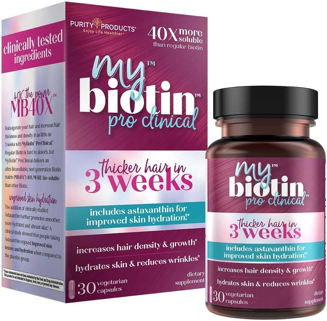 Advanced Hair, Skin & Nails Support Capsules with MB40X Biotin Matrix and Astaxanthin - 40X More Soluble - Promotes Thicker Hair - 30 Veg Capsules