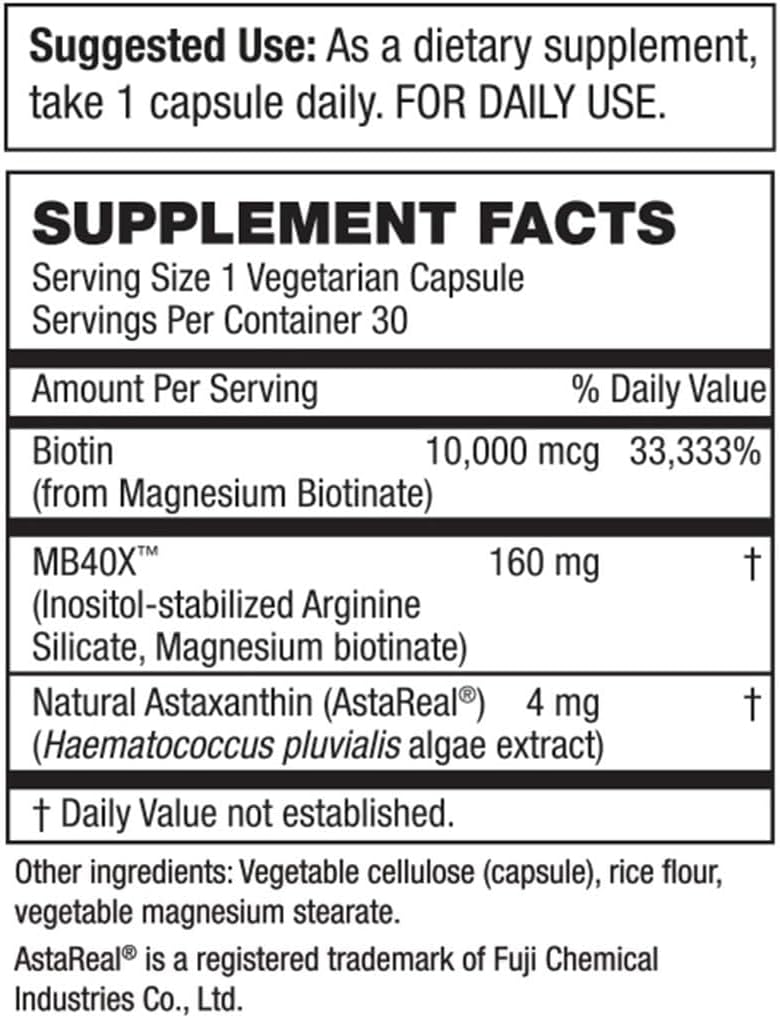 Advanced Hair, Skin & Nails Support Capsules with MB40X Biotin Matrix and Astaxanthin - 40X More Soluble - Promotes Thicker Hair - 30 Veg Capsules