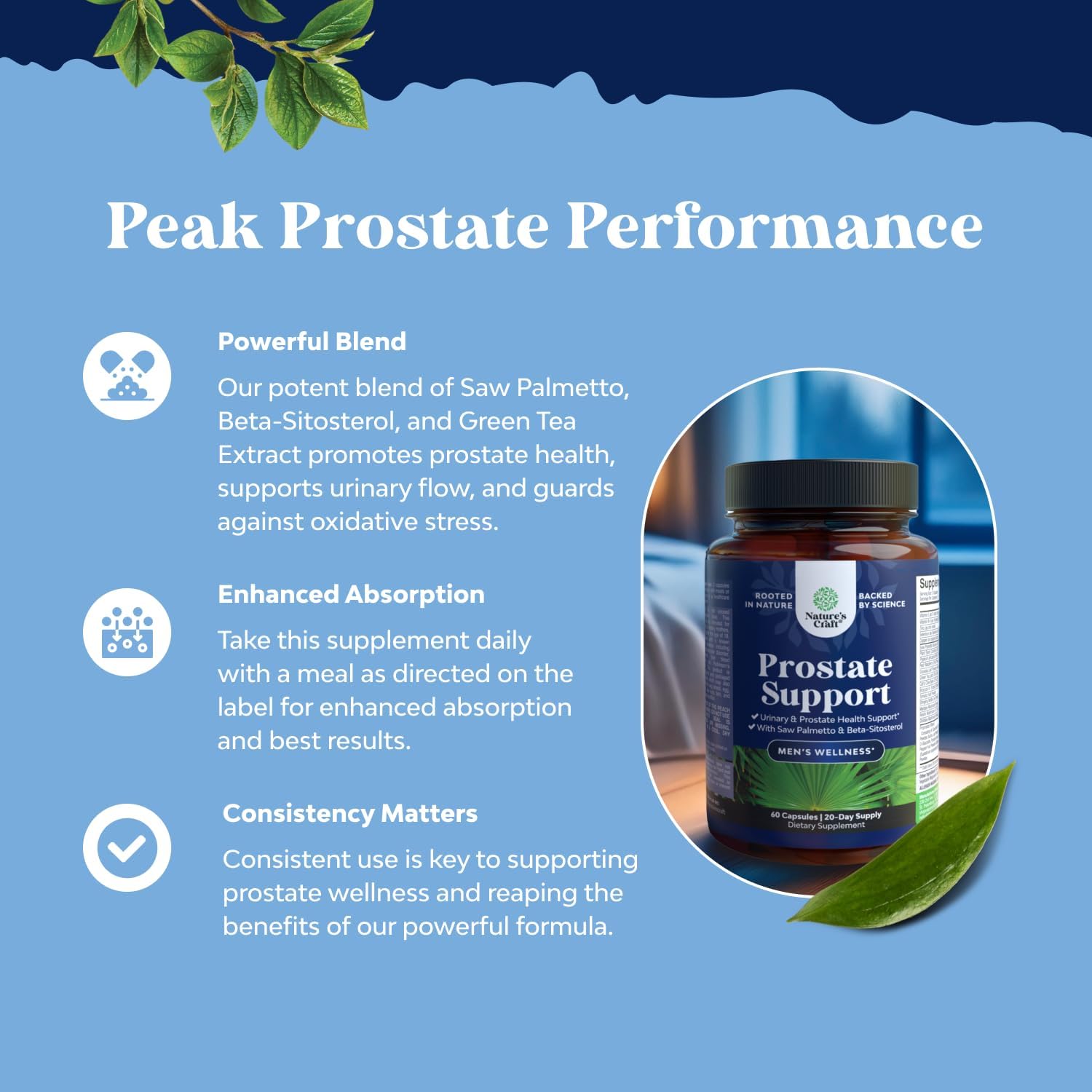 Advanced Herbal Prostate Health Supplements for Men - Supports Frequent Urination - 60 Capsules with Beta Sitosterol, Selenium, Pygeum, Saw Palmetto