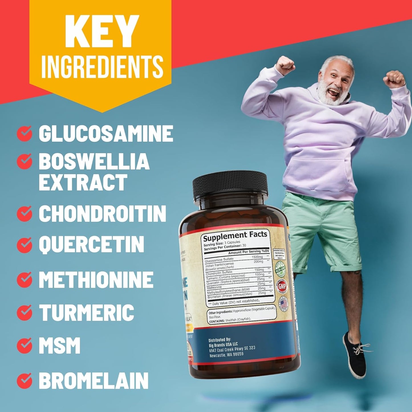 Advanced Joint Support Supplement with Glucosamine Chondroitin MSM Turmeric Boswelia - NSF Certified, USA Made (90 Count)