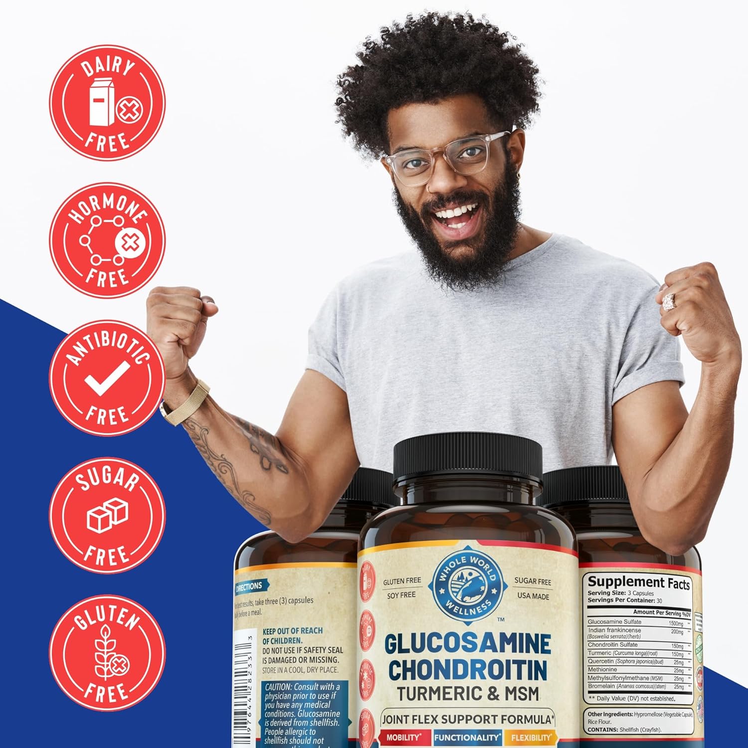 Advanced Joint Support Supplement with Glucosamine Chondroitin MSM Turmeric Boswelia - NSF Certified, USA Made (90 Count)