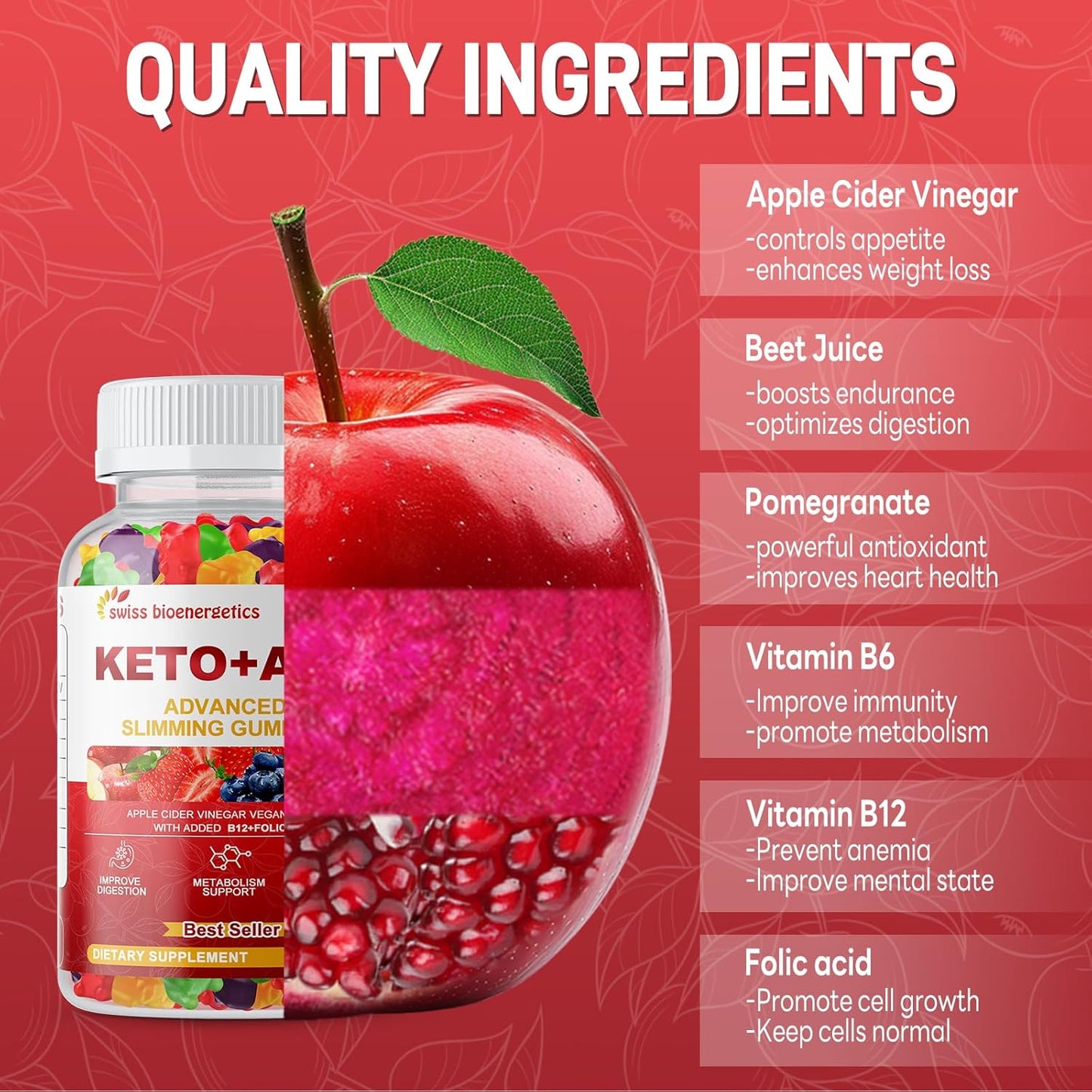 Advanced Keto Apple Cider Vinegar Gummies - 1500mg with B12, B6, Folate - Vegan & Non-GMO - Keto Support for Men and Women