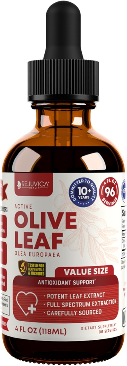 Advanced Liquid Olive Leaf Extract with Oleuropein for Immune & Heart Support - High Absorption Formula by Rejuvica Health