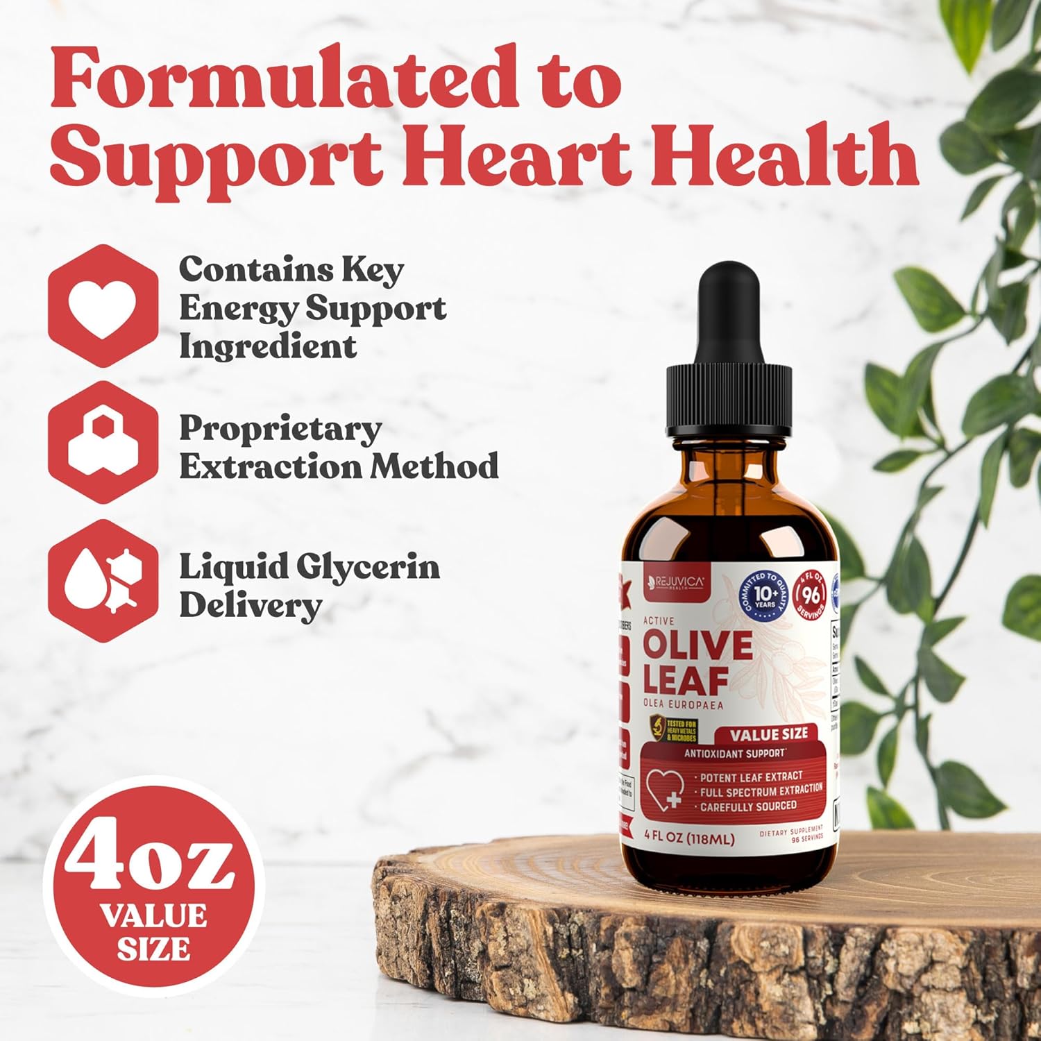 Advanced Liquid Olive Leaf Extract with Oleuropein for Immune & Heart Support - High Absorption Formula by Rejuvica Health