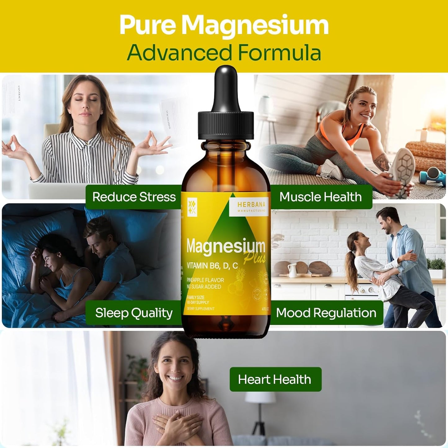 Advanced Magnesium Citrate Liquid Supplement with Glycinate & L-threonate - Pineapple Flavor - 90-Day Supply - High Absorption Formula