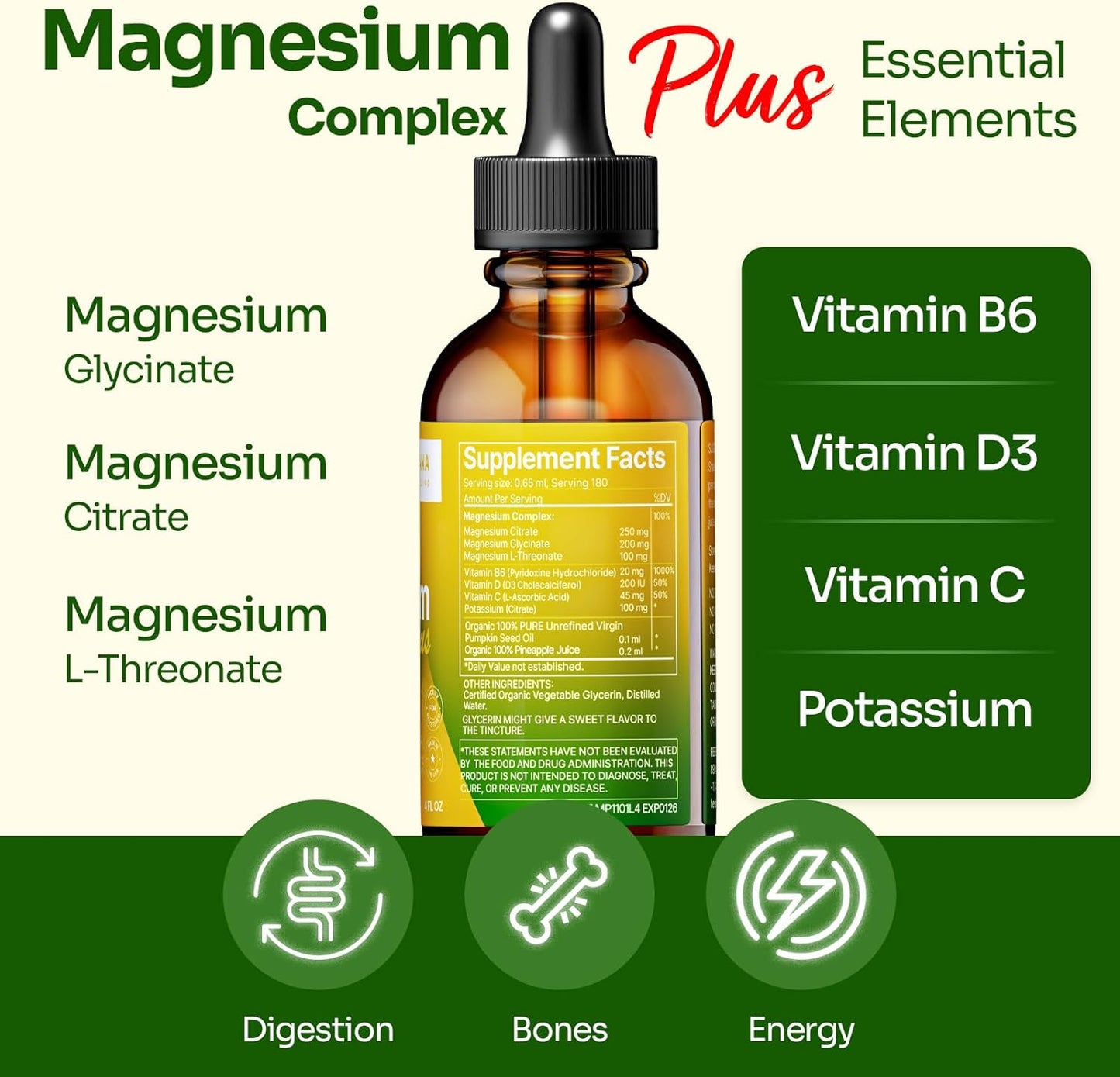 Advanced Magnesium Citrate Liquid Supplement with Glycinate & L-threonate - Pineapple Flavor - 90-Day Supply - High Absorption Formula