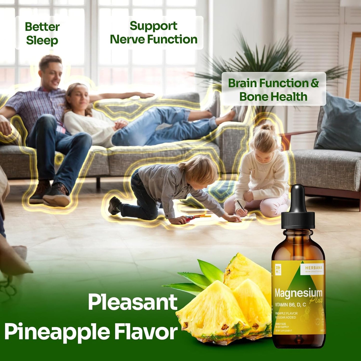Advanced Magnesium Citrate Liquid Supplement with Glycinate & L-threonate - Pineapple Flavor - 90-Day Supply - High Absorption Formula