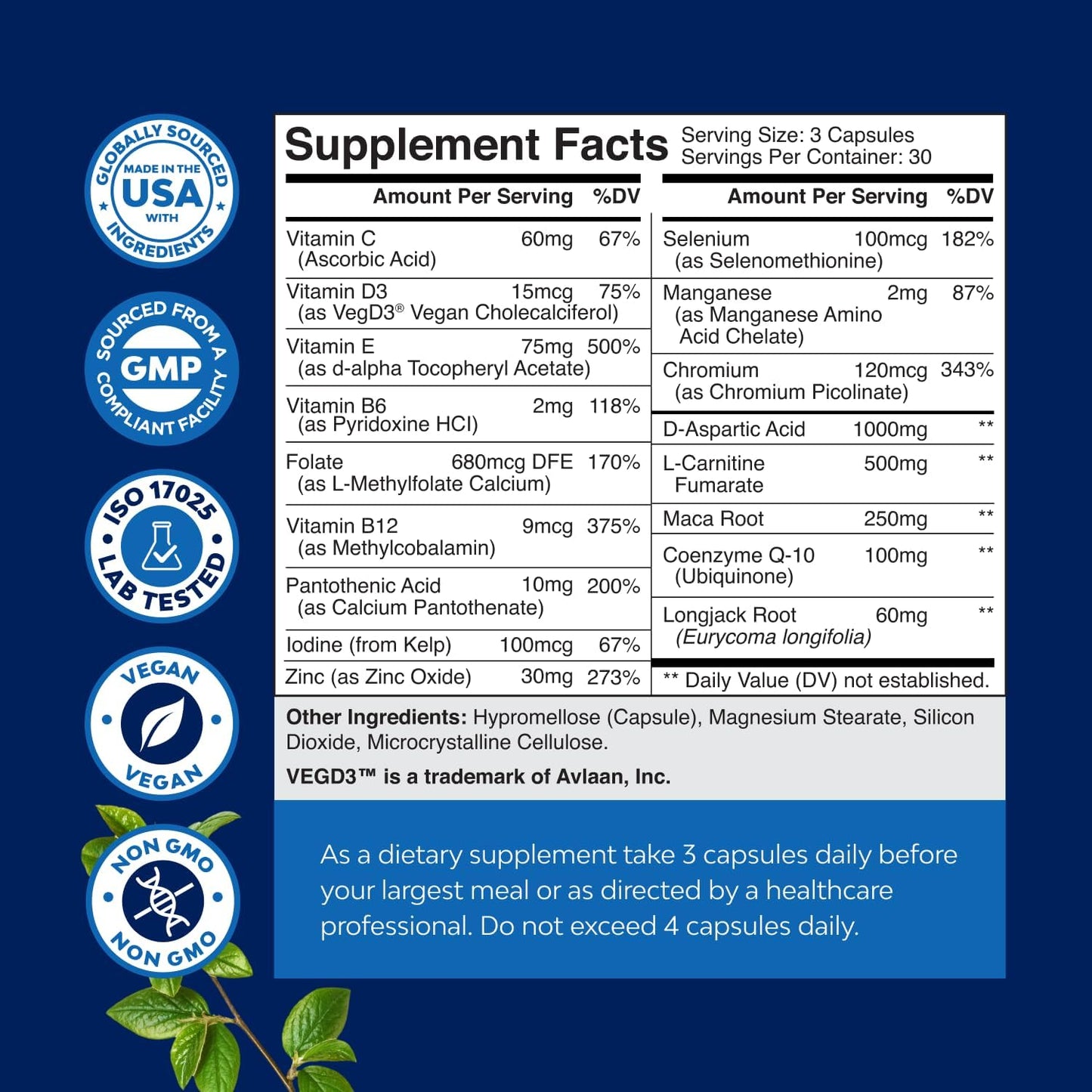 Advanced Male Fertility Supplement with CoQ10, Maca Root, Methyl Folate & D-Aspartic Acid - Boost Count & Motility - 1 Month Supply