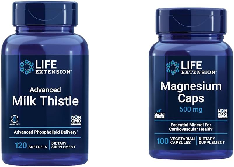 Advanced Milk Thistle & Magnesium Combo for Liver & Heart Health, Detox Support, Strong Bones - 120 Softgels & 500mg Capsules