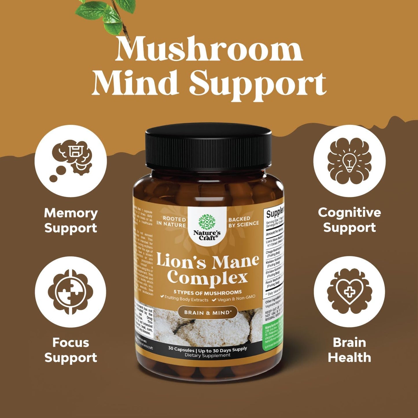 Advanced Mushroom Supplement for Brain Health & Mental Clarity - Lions Mane Capsules with Reishi, Chaga, Maitake & Shiitake - Memory Support & Focus - 30 Capsules