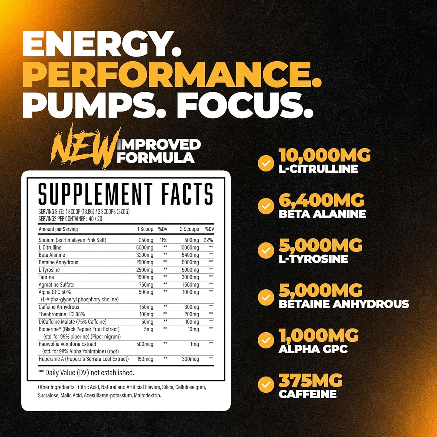 Advanced Pre Workout Powder with 10g L-Citrulline, 6.4g Beta Alanine, 5g Tyrosine - Boosts Energy, Focus, and Performance - 40 Servings