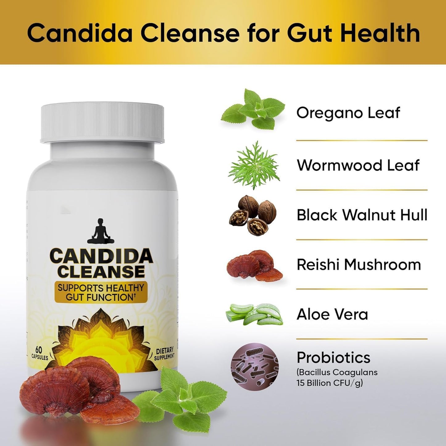 Advanced Probiotic Herbal Formula for Candida Cleanse Detox - 60 Capsules for Gentle Gut Support in Men and Women