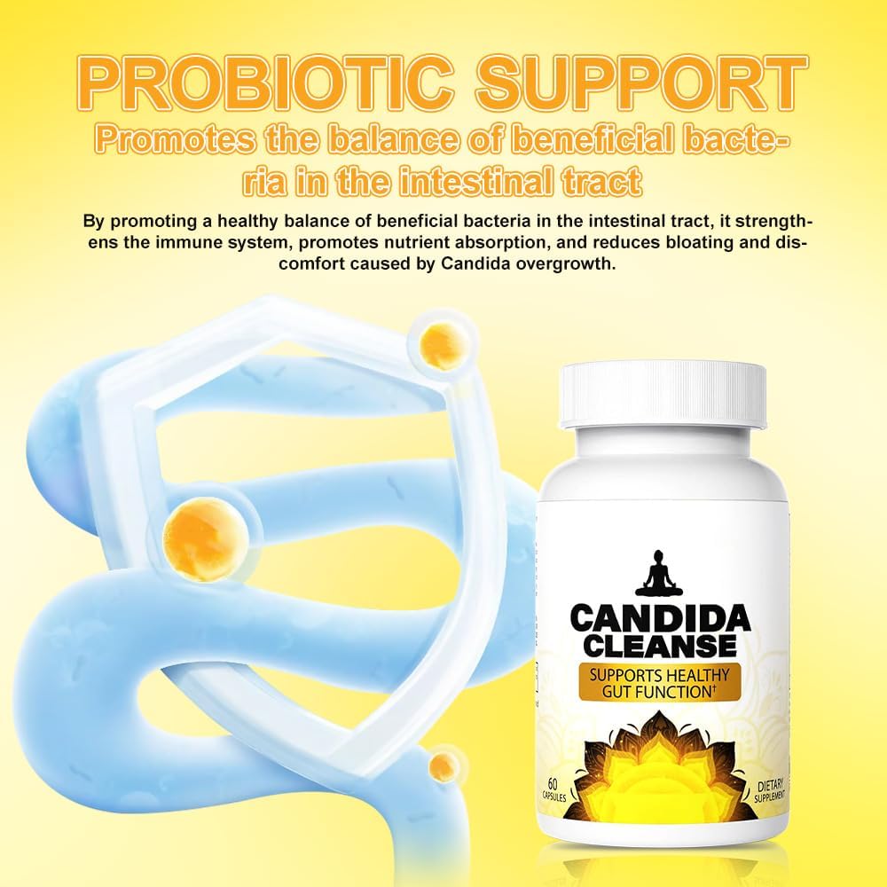Advanced Probiotic Herbal Formula for Candida Cleanse Detox - 60 Capsules for Gentle Gut Support in Men and Women