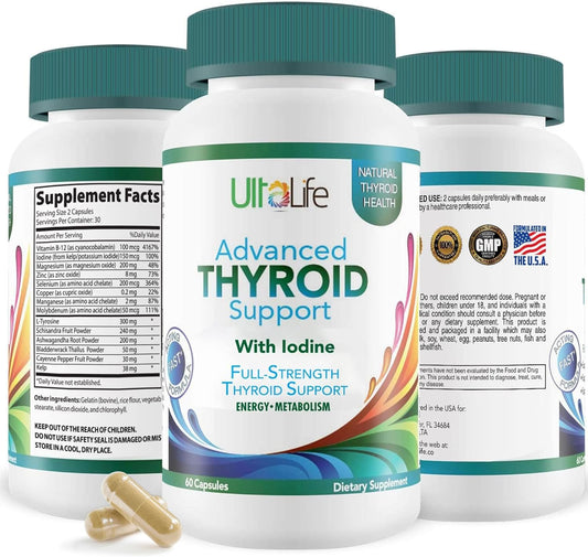 Advanced Thyroid Support Supplement with Iodine, Vitamin B12, Ashwagandha, Selenium & Zinc - Boosts Energy, Metabolism & Immune Health - 60 Capsules