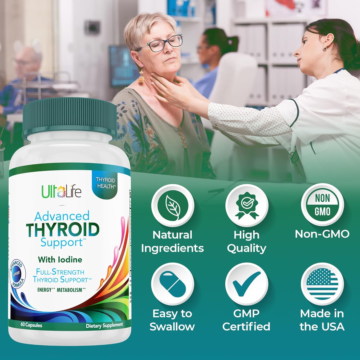 Advanced Thyroid Support Supplement with Iodine, Vitamin B12, Ashwagandha, Selenium & Zinc - Boosts Energy, Metabolism & Immune Health - 60 Capsules