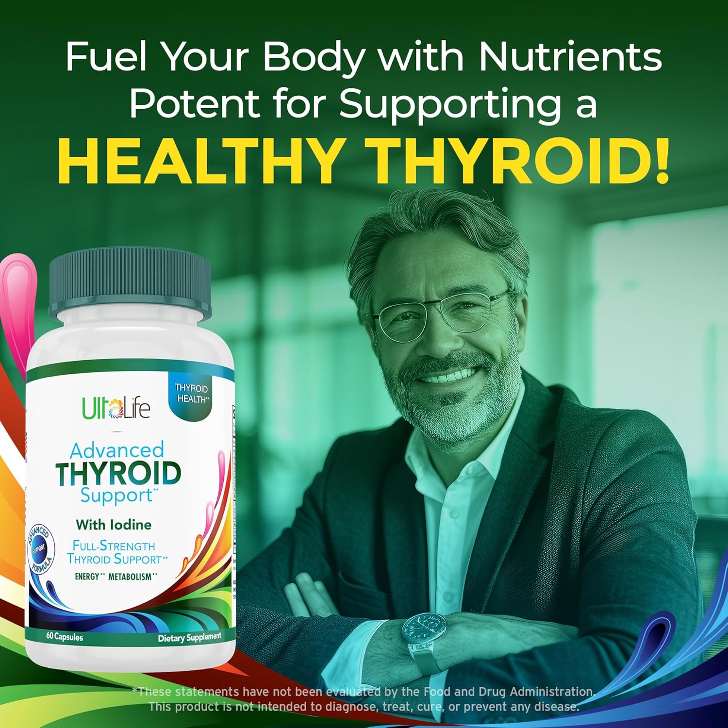 Advanced Thyroid Support Supplement with Iodine, Vitamin B12, Ashwagandha, Selenium & Zinc - Boosts Energy, Metabolism & Immune Health - 60 Capsules