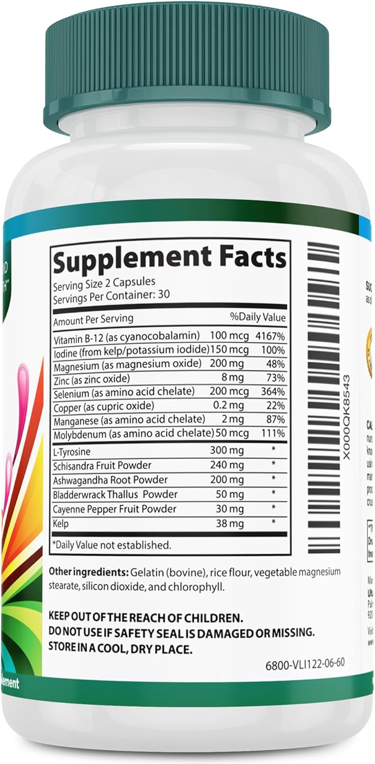 Advanced Thyroid Support Supplement with Iodine, Vitamin B12, Ashwagandha, Selenium & Zinc - Boosts Energy, Metabolism & Immune Health - 60 Capsules