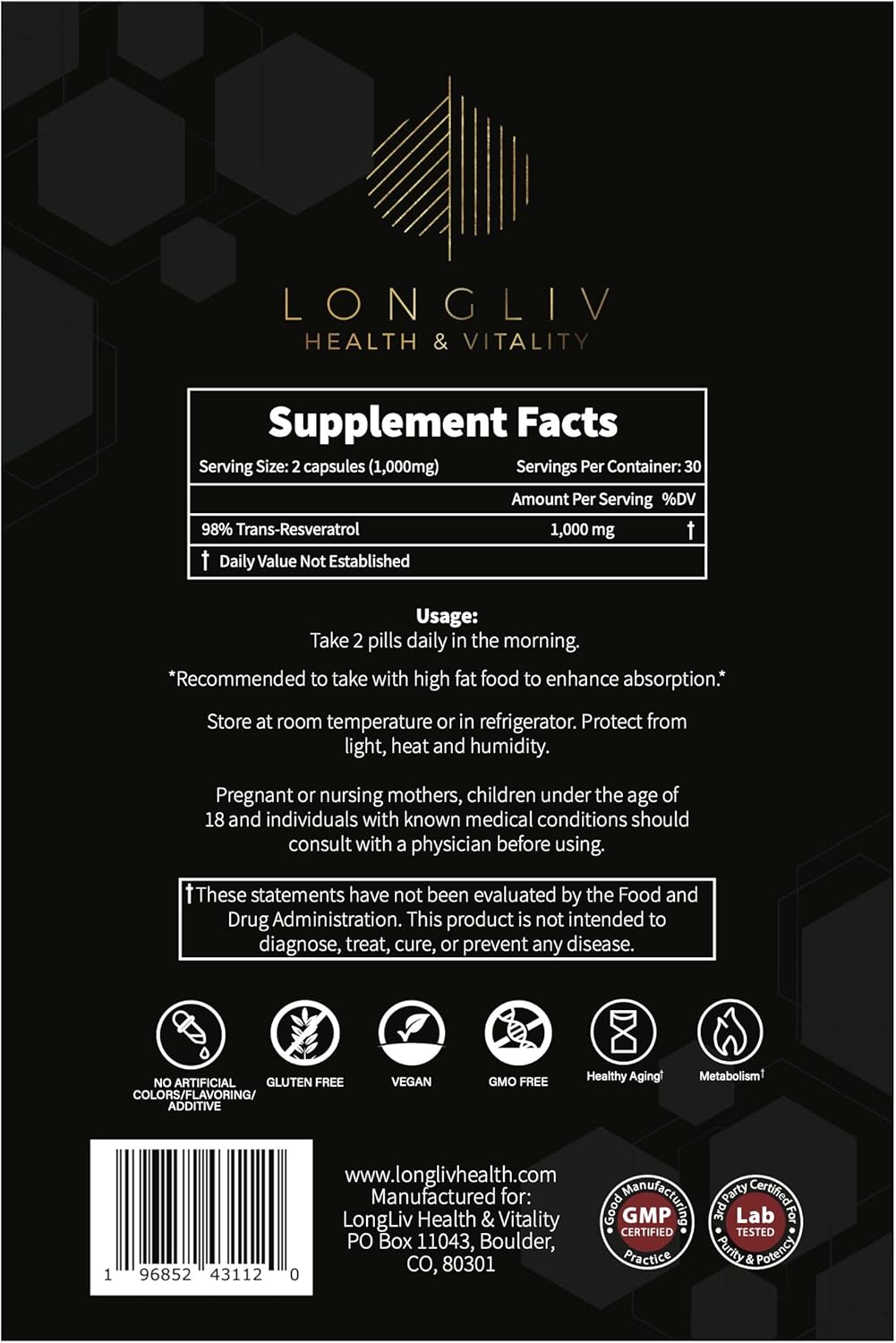 Advanced Trans Resveratrol Capsules - LongLiv Health and Vitality 1000mg - Anti-Inflammatory & Antioxidant - Physician-Developed - 60 Capsules
