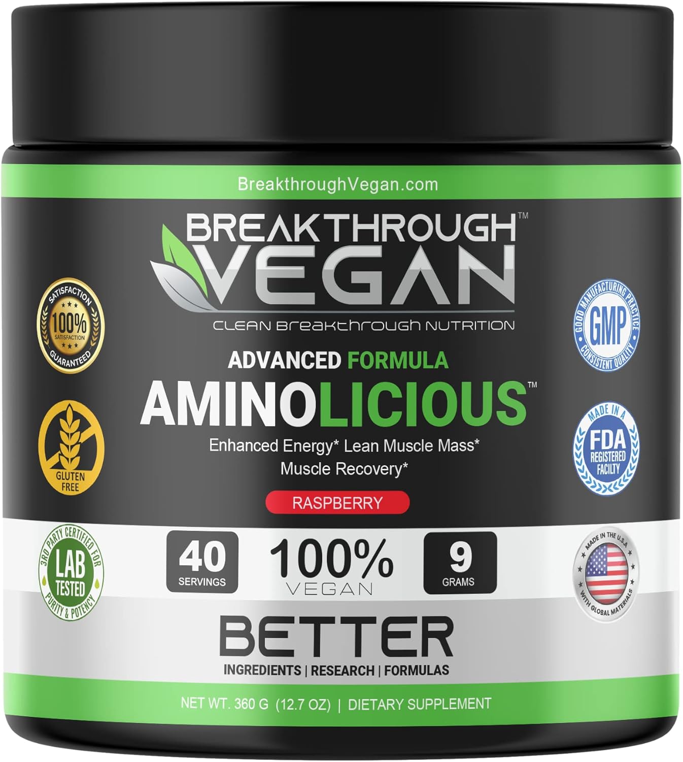 Advanced Vegan Essential Amino Acid Powder for Energy, Muscle Mass, and Recovery - Raspberry Flavor