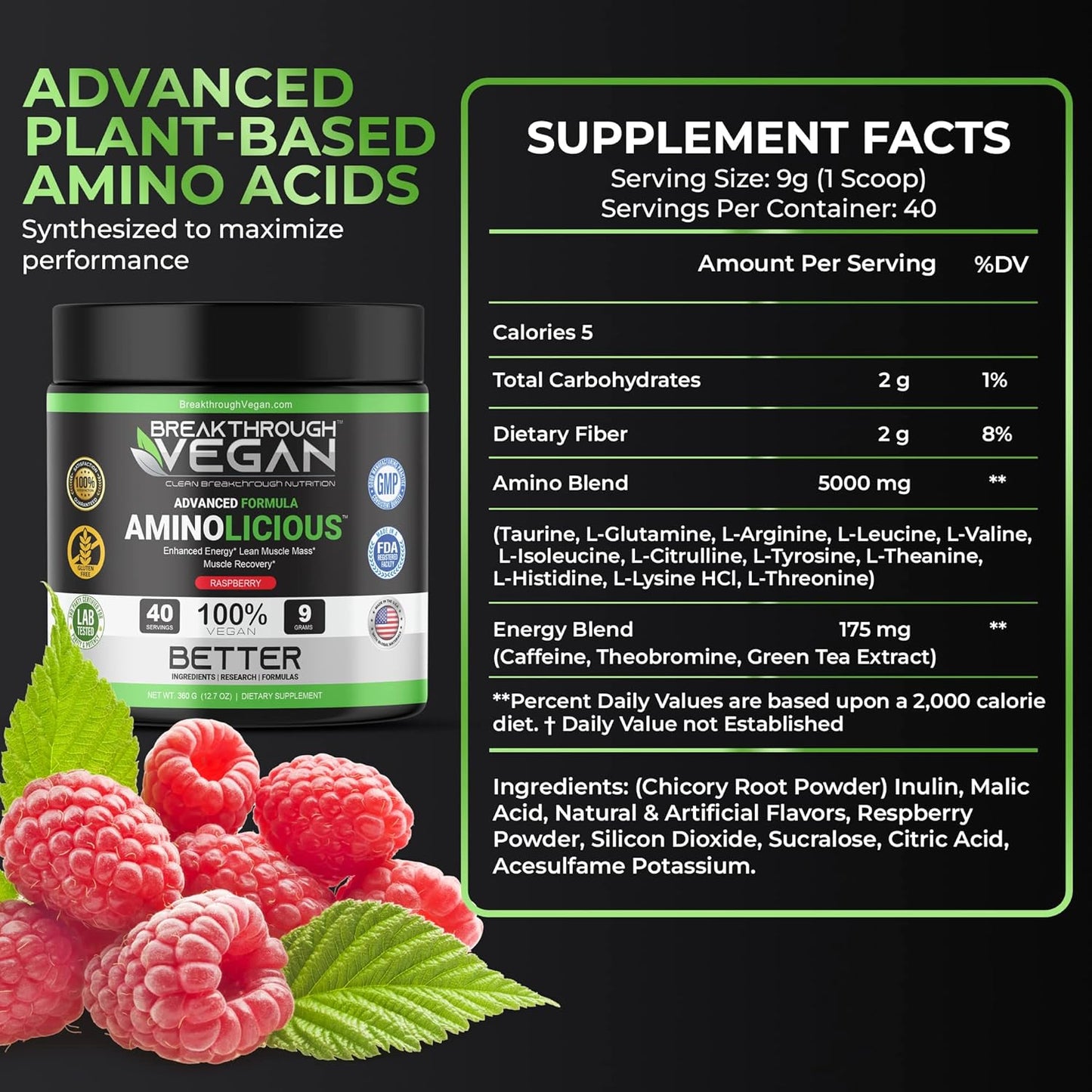 Advanced Vegan Essential Amino Acid Powder for Energy, Muscle Mass, and Recovery - Raspberry Flavor