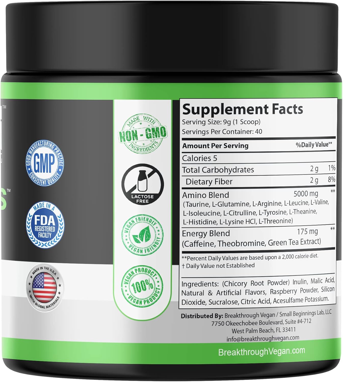 Advanced Vegan Essential Amino Acid Powder for Energy, Muscle Mass, and Recovery - Raspberry Flavor