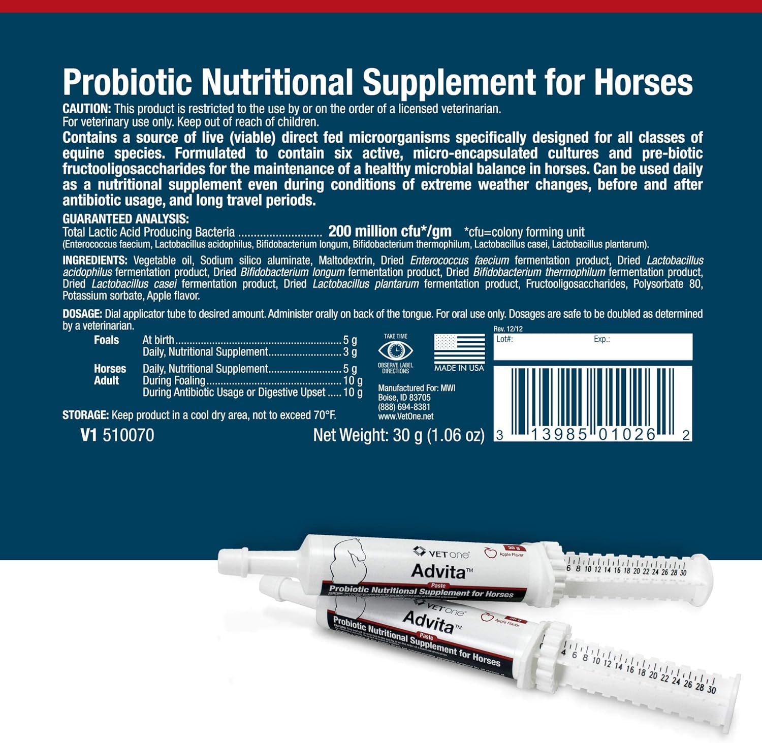 Advita™ Apple Flavored Probiotic Paste for Horses - 30g Tube | Enhance Digestion with Horse Probiotic Supplement