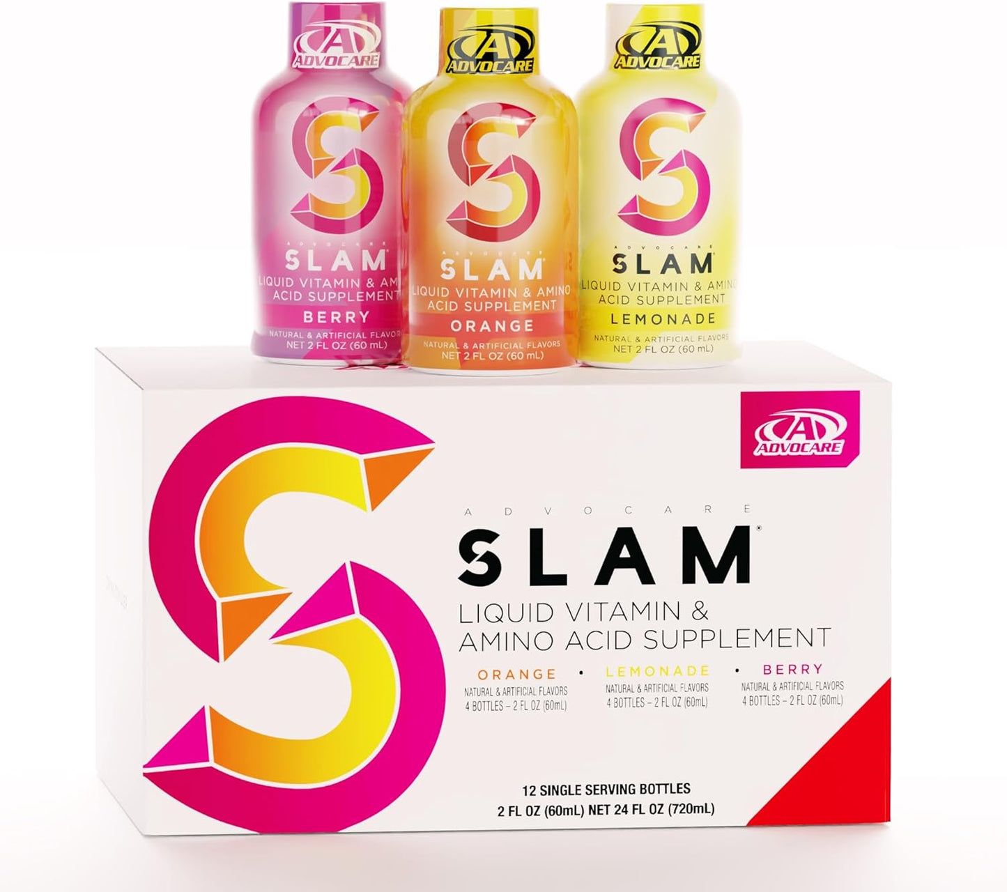 AdvoCare Slam Liquid Vitamin & Amino Acid Supplement Variety Pack - 12 Bottles - Orange, Berry, Lemonade - Vitamin B-12, B-6, Folic Acid & More