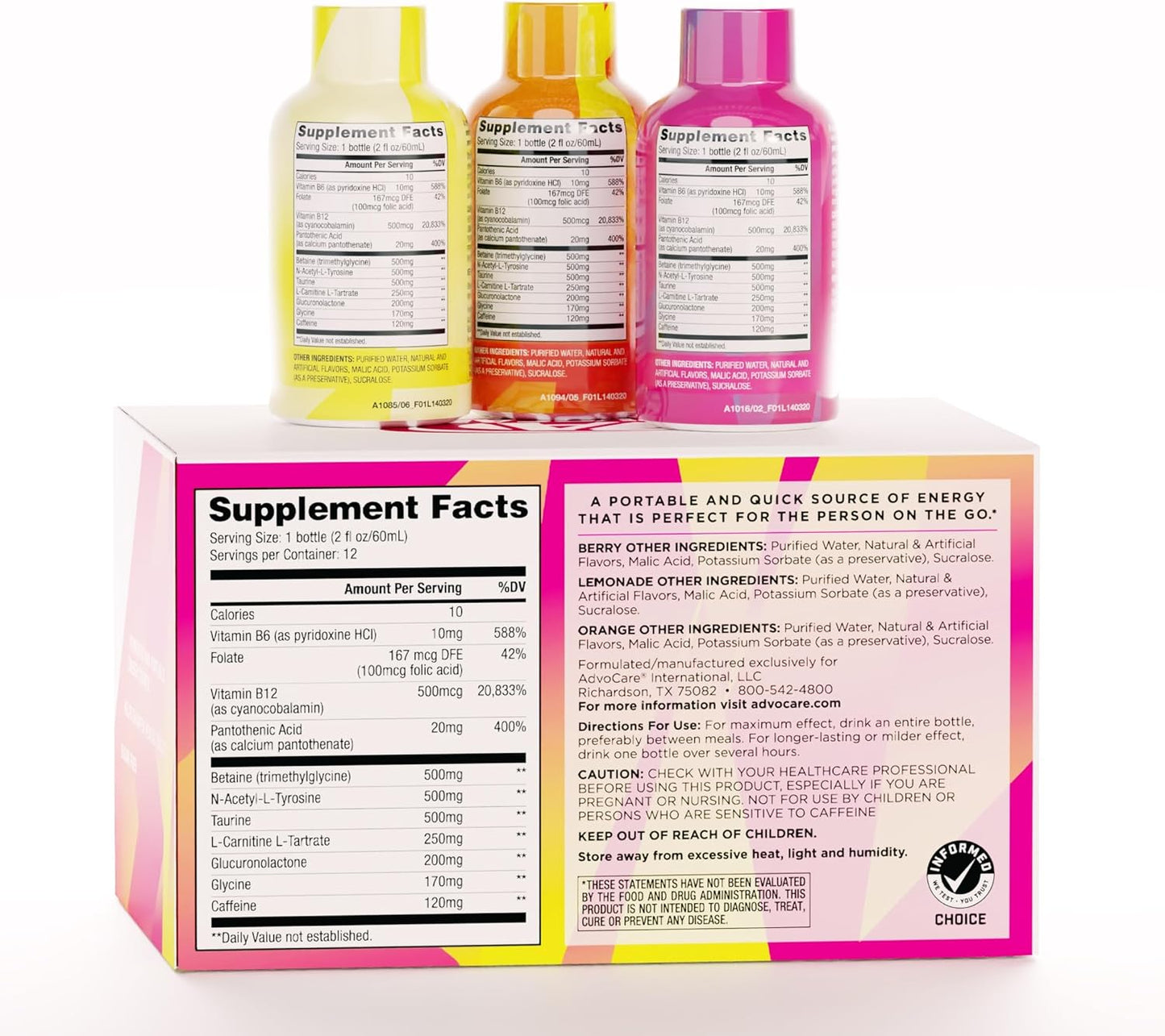 AdvoCare Slam Liquid Vitamin & Amino Acid Supplement Variety Pack - 12 Bottles - Orange, Berry, Lemonade - Vitamin B-12, B-6, Folic Acid & More