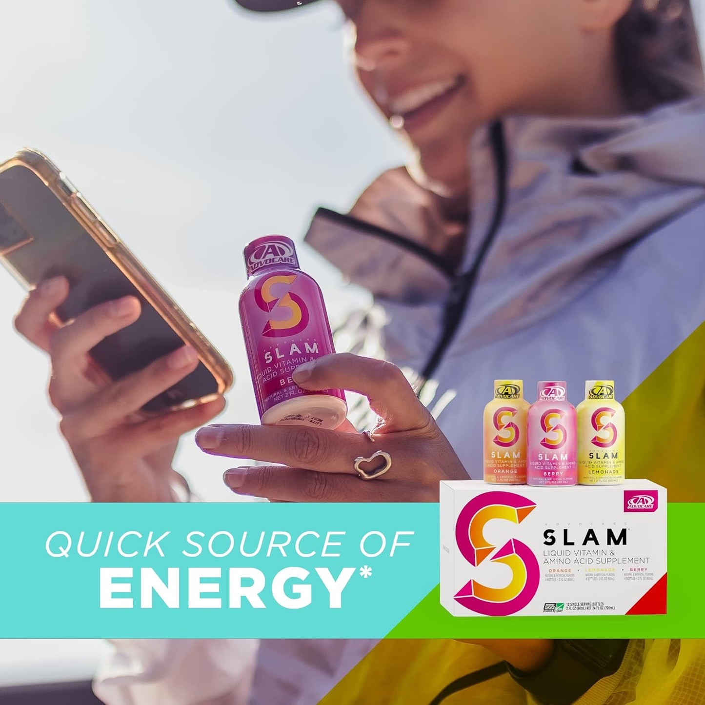 AdvoCare Slam Liquid Vitamin & Amino Acid Supplement Variety Pack - 12 Bottles - Orange, Berry, Lemonade - Vitamin B-12, B-6, Folic Acid & More