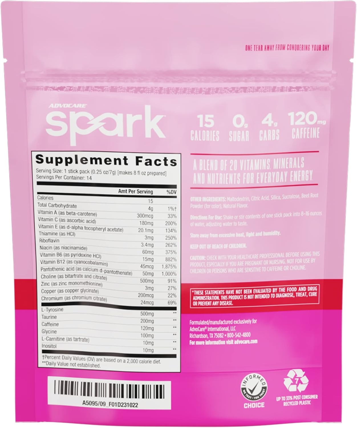 AdvoCare Spark Pink Lemonade Focus & Energy Drink Mix with Vitamins & Amino Acids - 14 Stick Packs