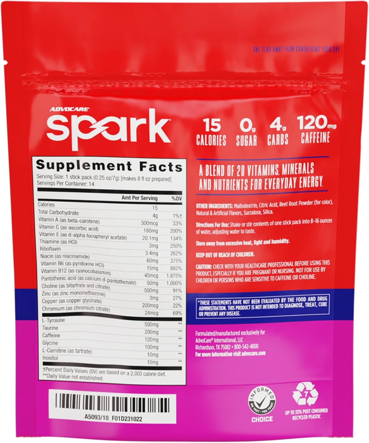 AdvoCare Spark Vitamin & Amino Acid Supplement - Fruit Punch Energy Drink Mix with L-Carnitine & L-Tyrosine - 14 Stick Packs