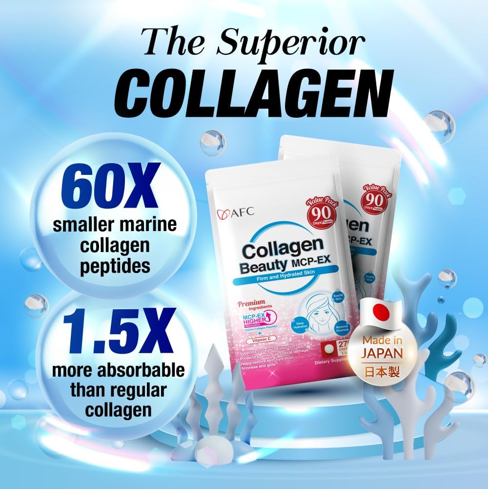 AFC Japan Collagen Beauty MCP-EX: Superior Marine Collagen Peptide for Skin, Hair, Nails, and Joints - 90 Day Supply for Women & Men