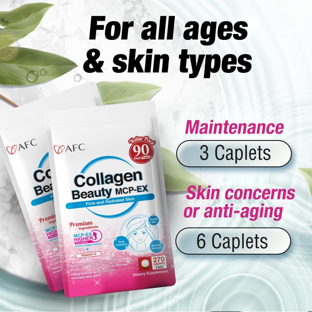 AFC Japan Collagen Beauty MCP-EX: Superior Marine Collagen Peptide for Skin, Hair, Nails, and Joints - 90 Day Supply for Women & Men