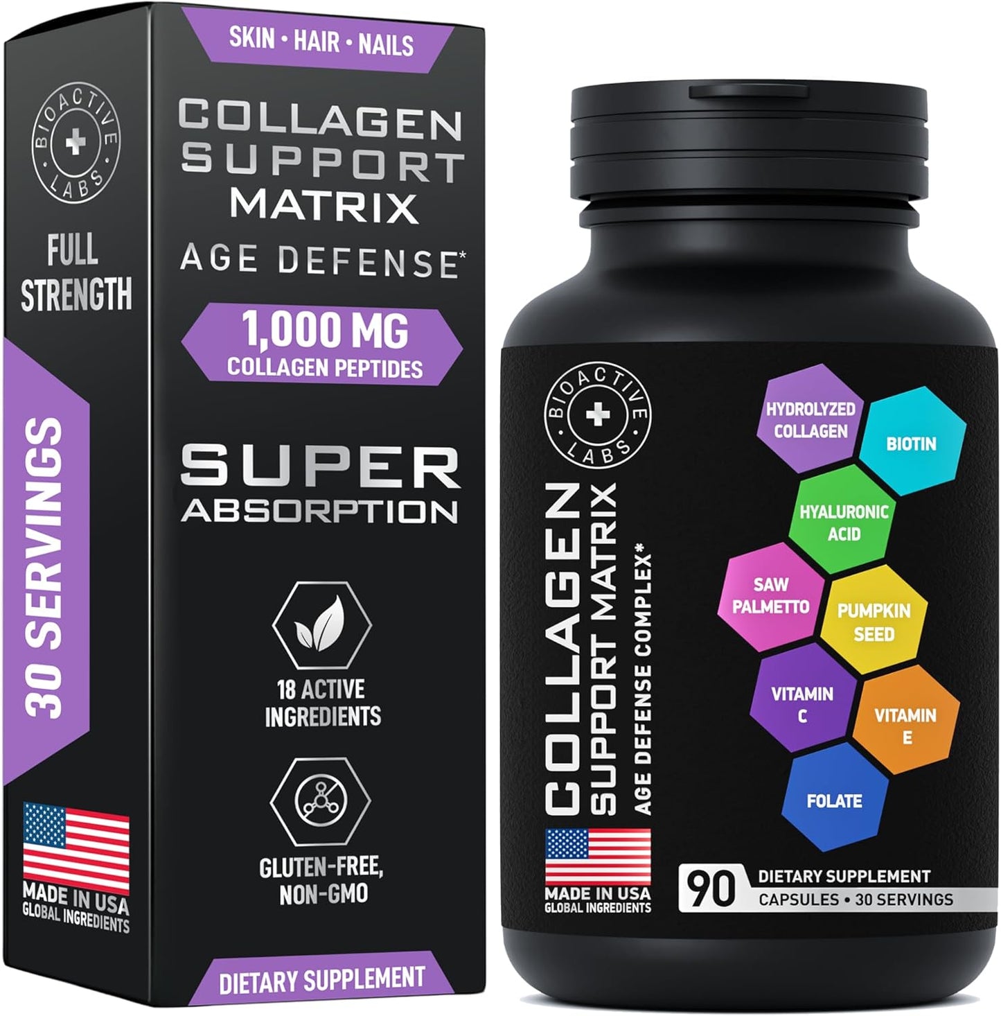 Age Defense Beauty Collagen Matrix Supplement with 2,000mg Multi Collagen, Biotin, Keratin, Hyaluronic Acid, Saw Palmetto, Vitamin C - Hair Growth DHT Blocker for Men & Women - 90 Capsules