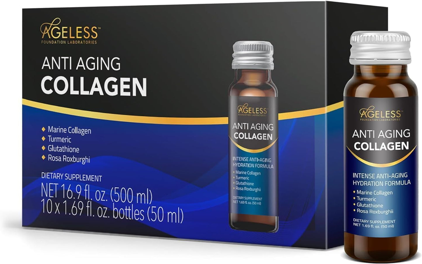 Ageless Foundation Laboratories Marine Collagen Liquid with Turmeric, Glutathione, and Rosa Roxburghi - 50 ml (30 Count)