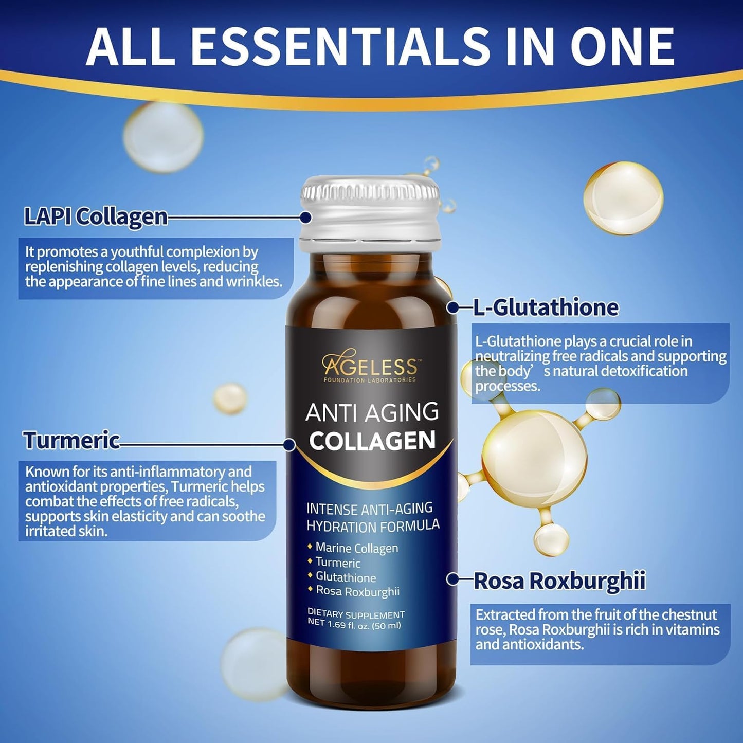 Ageless Foundation Laboratories Marine Collagen Liquid with Turmeric, Glutathione, and Rosa Roxburghi - 50 ml (30 Count)