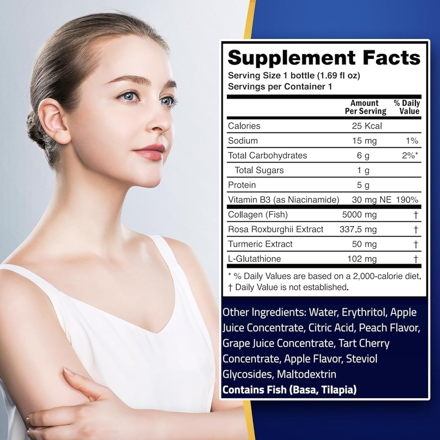 Ageless Foundation Laboratories Marine Collagen Liquid with Turmeric, Glutathione, and Rosa Roxburghi - 50 ml (30 Count)